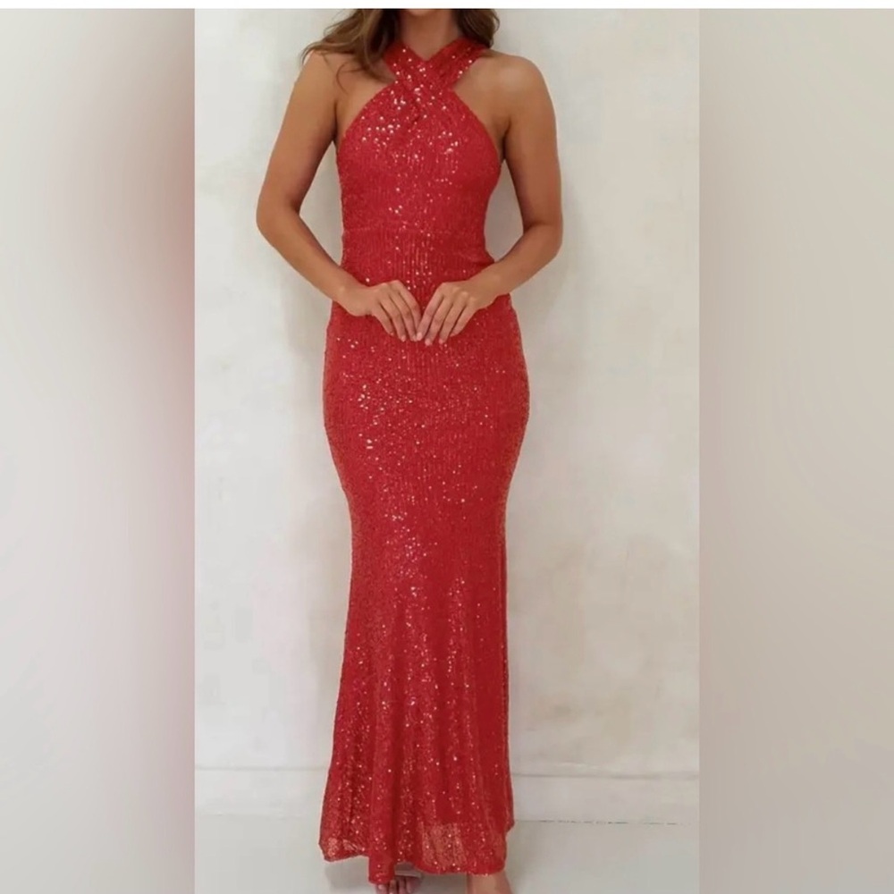 Elegant Red Sequin Halter Dress